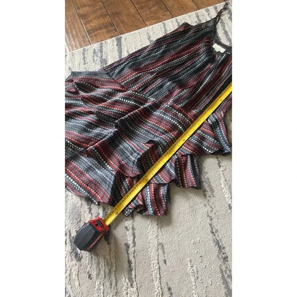 Women's Haven Silk Asymmetric Ruffle Dress Sz S Gray Red Black Dot Lightweight - Picture 5 of 7